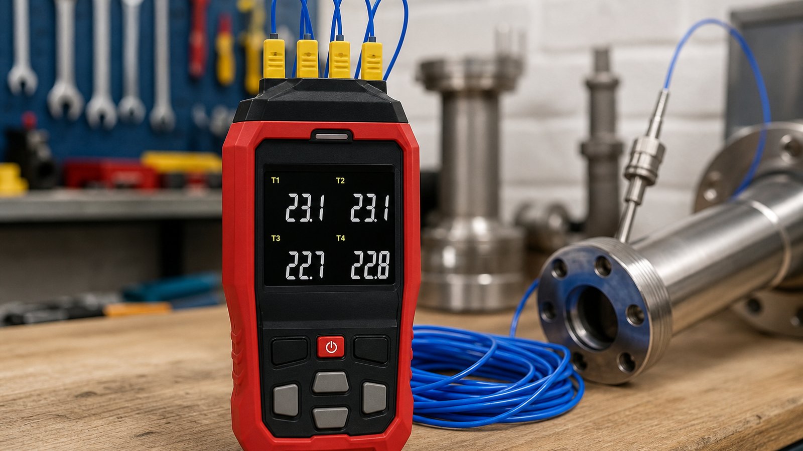 Four channel thermocouple temperature data logger on a UK workbench