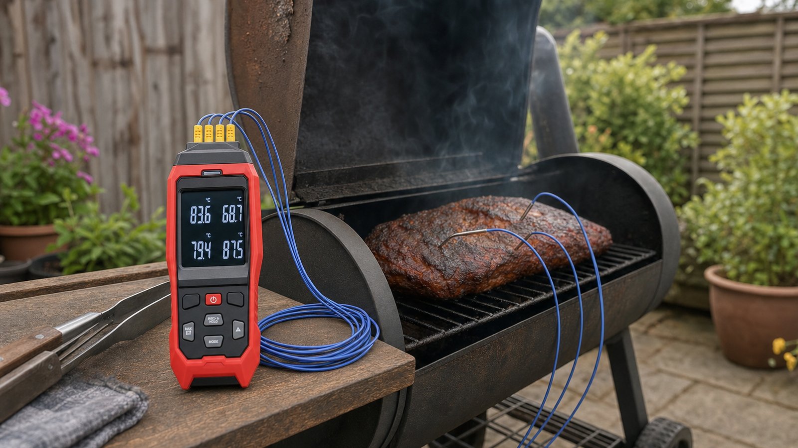 Four channel thermocouple logger beside a UK garden smoker