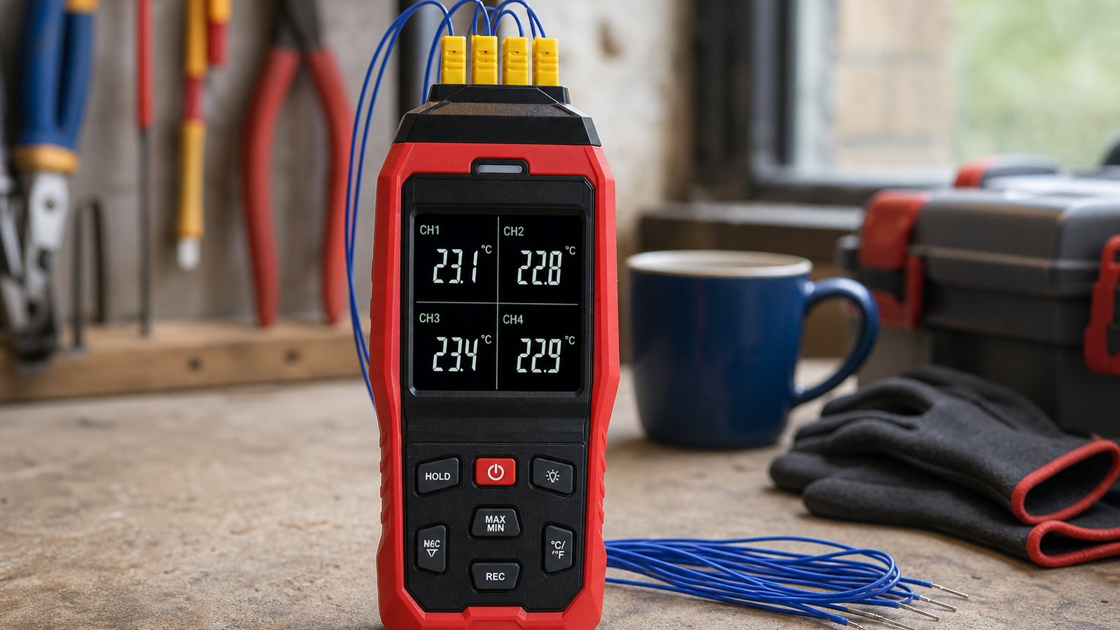 Four channel thermocouple temperature data logger on a UK workbench